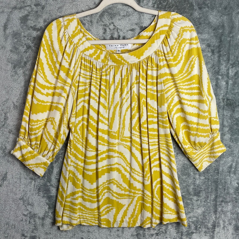Trina Turk Top Womens Medium Yellow‎ Balloon Sleeve Flowy Lightweight Silk Blend